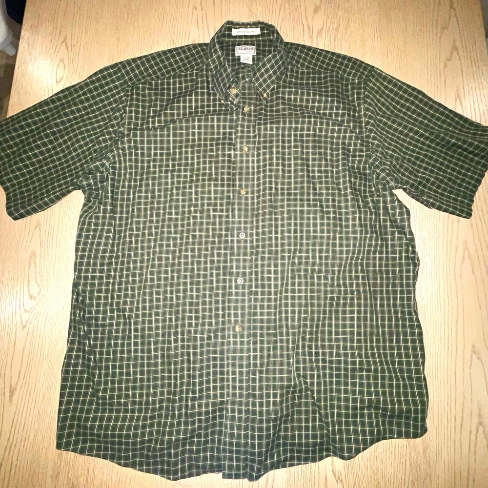 L.L.Bean Mens Wrinkle Resistant Green Plaid Button Down Short Sleeve Shirt 2XL